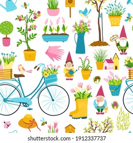 Spring seamless pattern in simple hand-drawn cartoon style. Vector childish colorful illustration of bicycle, garden gnomes, houses, flower pots. Ideal for printing on fabrics, textiles, packaging