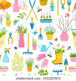 Spring seamless pattern in simple hand-drawn cartoon style. Vector childish colorful illustration of flower pots, bouquets and garden tools. Ideal for printing on fabrics, textiles, packaging