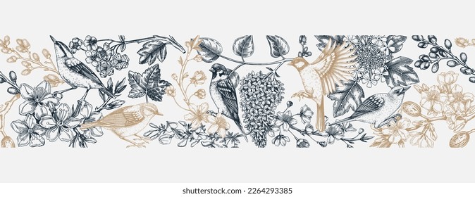 Spring seamless pattern in sketched style. Hand drawn birds, flowers, blooming branches ribbon. Almond, willow, rowan, currant, japanese quince, lilac, cherry blossom sketches vintage background