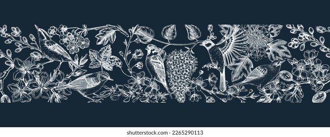 Spring seamless pattern in sketched style. Hand-drawn birds and blooming tree branches ribbon. Cherry, almond, willow, rowan, currant, Japanese quince, guelder rose, lilac in flowers on a chalkboard.