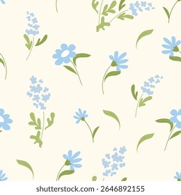 Spring seamless pattern with small blue wildflowers and light greenery on cream background. Gentle floral design for fabric, wrapping paper, spring stationery and packaging. Vector illustration