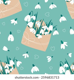 Spring seamless pattern with snowdrops. First spring flowers in envelope. Snowdrop Day. Cute floral background for greeting cards, posters, packaging, wrapping, paper, textile, fabric. Vector