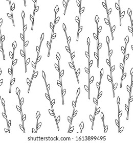 Spring seamless pattern with sprigs of willow. Cartoon style. Design for fabric, textile, wallpaper, posters, card, paper. Holiday print. Branch with leaves. Vector black and white illustration.