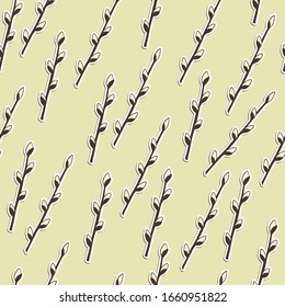 Spring seamless pattern with sprigs of willow on yellow background. Cartoon style. Colorful vector illustration for fabric, textile, wallpaper, posters, paper. Holiday print. Branch with leaves.