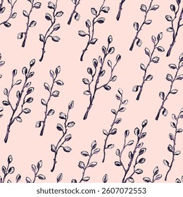 Spring seamless pattern with sprigs of willow. Easter hand drawn vector illustration, holiday background. Branch with pussy willow buds. Design for banner, poster, card, paper.