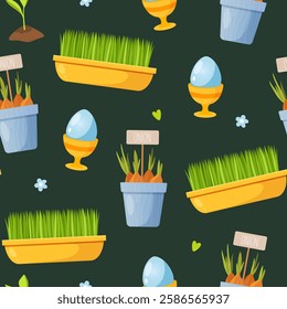 Spring seamless pattern with sprouted grains in a pots, easter eggs, decorative flowers and hearts isolated on dark green background.