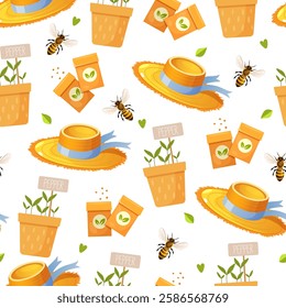 Spring seamless pattern with sprouted grains in a pot, beach hats, bees, seeds packet, leaves and heart shape isolated on white background.