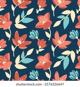 Spring seamless pattern with stylized florals on a dark navy blue background. Flowers and leaves in a soft retro color palette. Blooms and blossoms with delicate stamen details in off-white