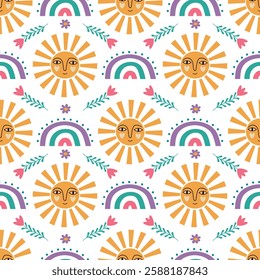 Spring seamless pattern. Sun with a face and boho rainbow. Cute vector illustration for background, fabric, wrapping paper, wallpaper, card, fabric