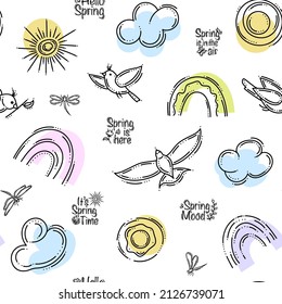 Spring Seamless Pattern With Sun, Rainbows, Clouds, Birds and Dragonflies