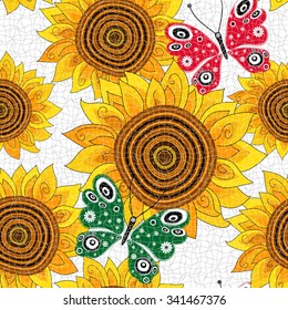 Spring seamless pattern with sunflowers and red and green butterflies, vector eps10
