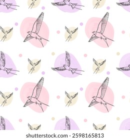 Spring seamless pattern with swallows in linear style and watercolor spots. Pastel background with martin birds. Vector illustration