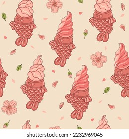 Spring seamless pattern with taiyaki fish ice cream and sakura flowers. Vector graphics.