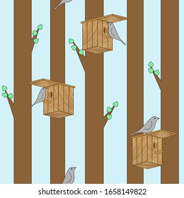 Spring seamless pattern with trees, birds and birdhouses. Good decoration for International Bird Day.