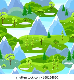 Spring seamless pattern with trees, mountains and hills. Seasonal landscape illustration.