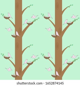 Spring seamless pattern with trees, nests, birds, eggs and nestlings. Good decoration for International Bird day.
