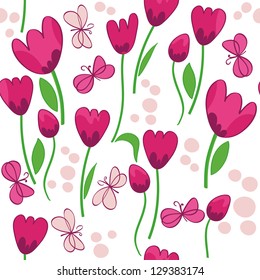 Spring seamless pattern with tulips and butterfly