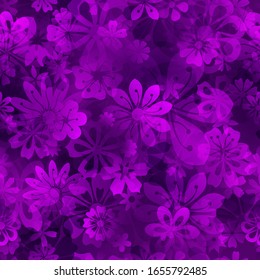 Spring seamless pattern of various flowers in purple colors