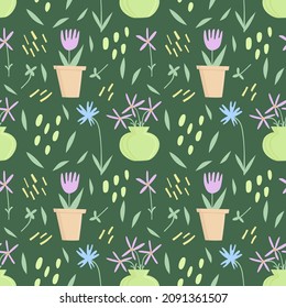 Spring seamless pattern. Vector illustration in naive flat style. A pot with a flower, a vase with a flower. Pattern for fabric, paper, textiles, wallpaper.