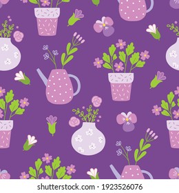 Spring seamless pattern with violas, blossoms, flowers in pots, vases, watering can on violet background. Perfect for wallpaper, wrapping paper, seasonal greeting cards, summer invitations, fabric
