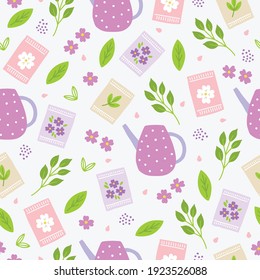 Spring seamless pattern with watering can, seeds, flowers, leaves, branches on white background. Perfect for wallpaper, wrapping paper, seasonal greeting cards, summer invitations, fabric