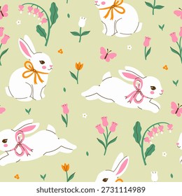 Spring seamless pattern with white rabbits and flowers. Vector graphics.