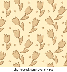 Spring Seamless Pattern with wooden decoration in the form of tulip flowers. For printing on wrapping paper, wallpaper, packaging, fabric. Hand drawn vector illustration.