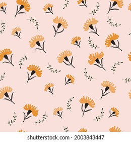 Spring seamless pattern with yellow flowers and leaves.Gouache painting fabric design. Flowers and leaves in neutral colors.