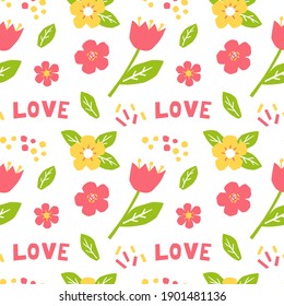 Spring seamless pattern with yellow, pink flowers and green leaves. Vector illustration in cut paper style. Cartoon flat doodles. Perfect for wrapping paper, textile, prints. Cute childish collage.