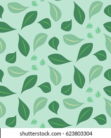Spring seamless pattern with young foliage. The leaves and branches of trees. Vector.