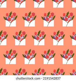 Spring seamless patterns with flowers, watering cans and boots. Cute vector backgrounds.