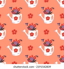 Spring seamless patterns with flowers, watering cans and boots. Cute vector backgrounds.