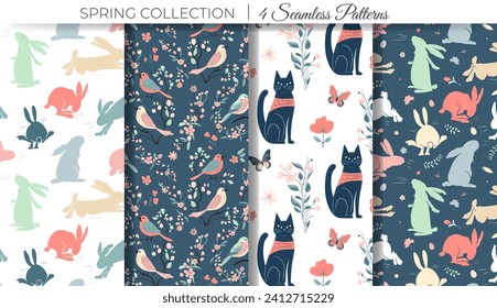 Spring seamless patterns. Set of spring background with bunny, birds and cat. Easter background