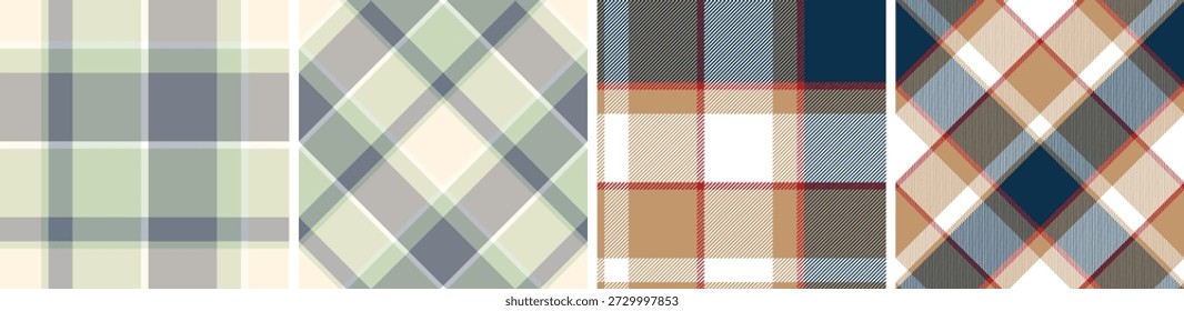 Spring seamless plaid and check pattern set. tartan checkered fabric fashion texture background. 