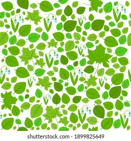 Spring seamless vector background of leaves and flowers. Vector illustration.
