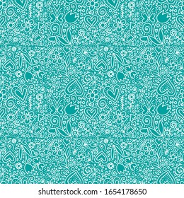 spring seamless vector fabric pattern with flowers and hearts