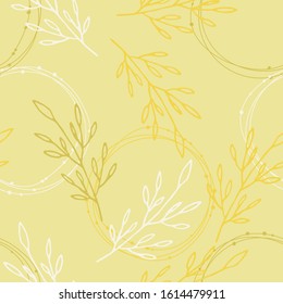 Spring seamless vector pattern of branches and wreaths on a warm green background.