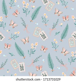 Spring seamless vector pattern with butterflies, fern and cards. Suitable for typography, cards, banners and textiles.