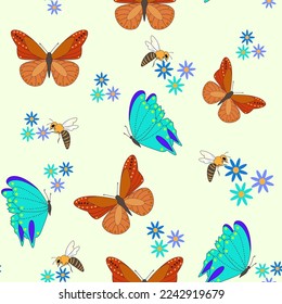 Spring seamless vector pattern. Butterflies flowers and bees on a light background.