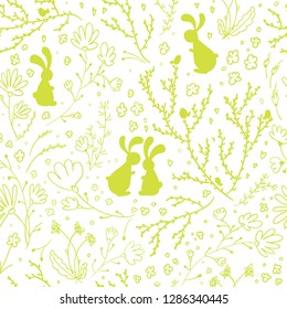 Spring. Seamless vector pattern with flowers, birds and rabbit silhouette. White background. Sketch sketching style vector illustration.