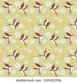 Spring seamless wallpaper with flowers and swallows. Vector seamless pattern.