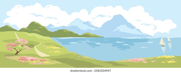 Spring seascape with flower meadow and apple tree. Hand drawn vector illustration in watercolor style.	