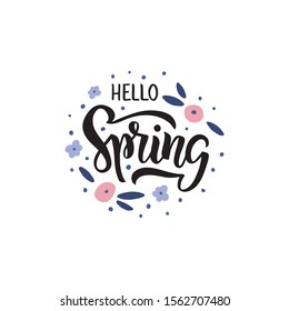 Spring season advertising vector banner template. Hello spring hand drawn brush lettering. Design for greeting card, flyer, poster. Vector illustration isolated on white background