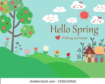 Spring season background with pastel blue sky, smile face cloud, red sun, tree, colorful flower on green grass and cute home look so fresh and natural. Wallpaper vector art pattern botanicals design.