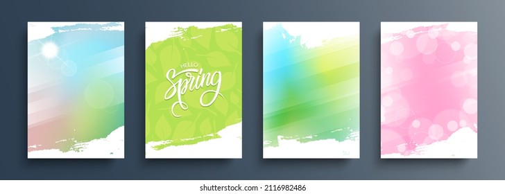 Spring season backgrounds set with bright sun, hand lettering and brush strokes for your seasonal graphic design. Springtime collection. Vector illustration.