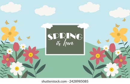 Spring season banner design with flowers and butterfly. Spring cute floral background vector.