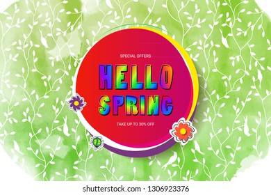 Spring season banner. Greeting card with inscription hello Spring sale and hand drawn watercolor leaves and birds. Modern design for posters, flyers, invitation, brochure, voucher discount