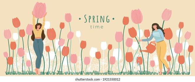 Spring season banner on beige background.Happy woman with tulip cute vector illustration in flat style for banner,card,poster,flyer,web.Flowers decoration.Hello spring template.Gardener female