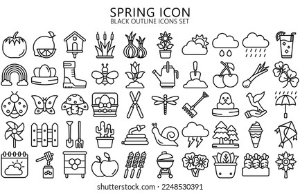 spring and season black outline icons set. contain leaf, flower, animal, gardening and more. vector EPS 10 ready convert to SVG. use for modern concept, UI or UX kit, web and app.