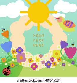 spring season blooming flower,bees,bird,lady bug ,background for greeting card or commercial text poster,cute vector illustration